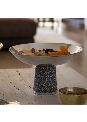 Silver Hammered Metal Serving Bowl with Embroidery