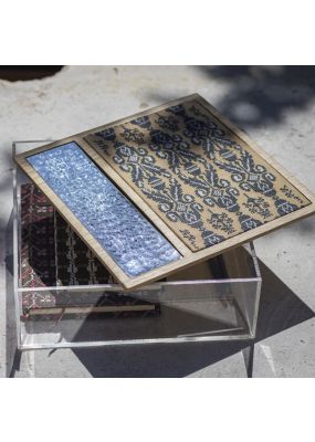 Plexi Box with Embroidered Wooden Lid and Hammered Metal Accent