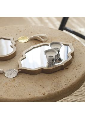 Large Wooden Mirror with Hammered Metal Tassel