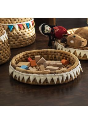 Handwoven Basket Tray with White Flags
